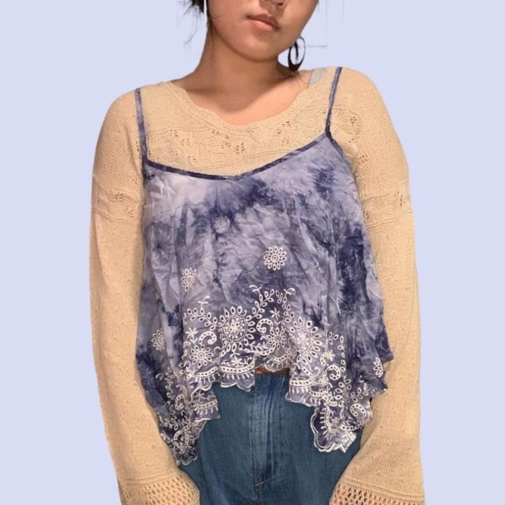 Blue Boho Flowy Tie Dye Lace Tank Top